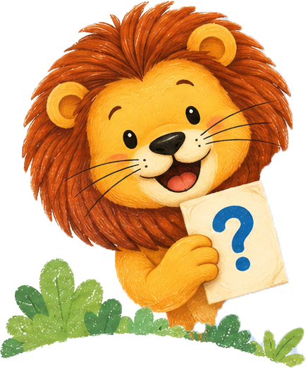 Friendly lion mascot asking questions